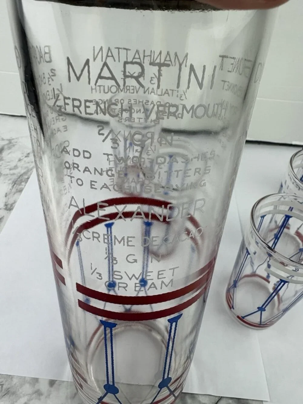 *Vintage Art Deco Glass & Metal Bar Set: Cocktail Shaker w/ Cover + 5 Glasses